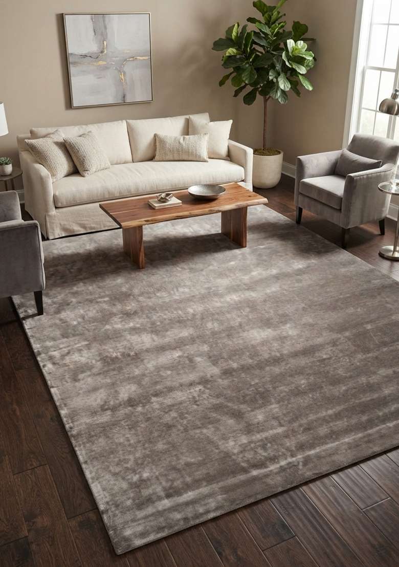 Saffron Rugs Warm Grey Hand Tufted Viscose Rectangular Rug - Indya
