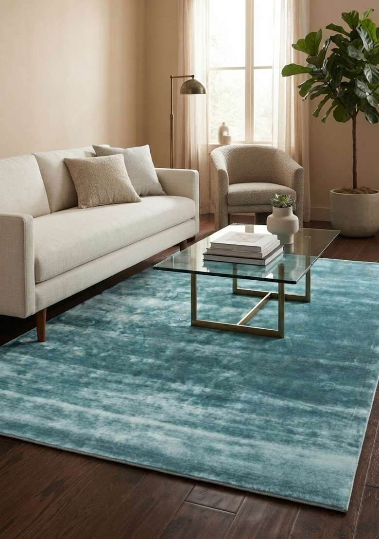 Saffron Rugs Hand-Tufted Teal Blue Viscose Rectangular Rug - Indya