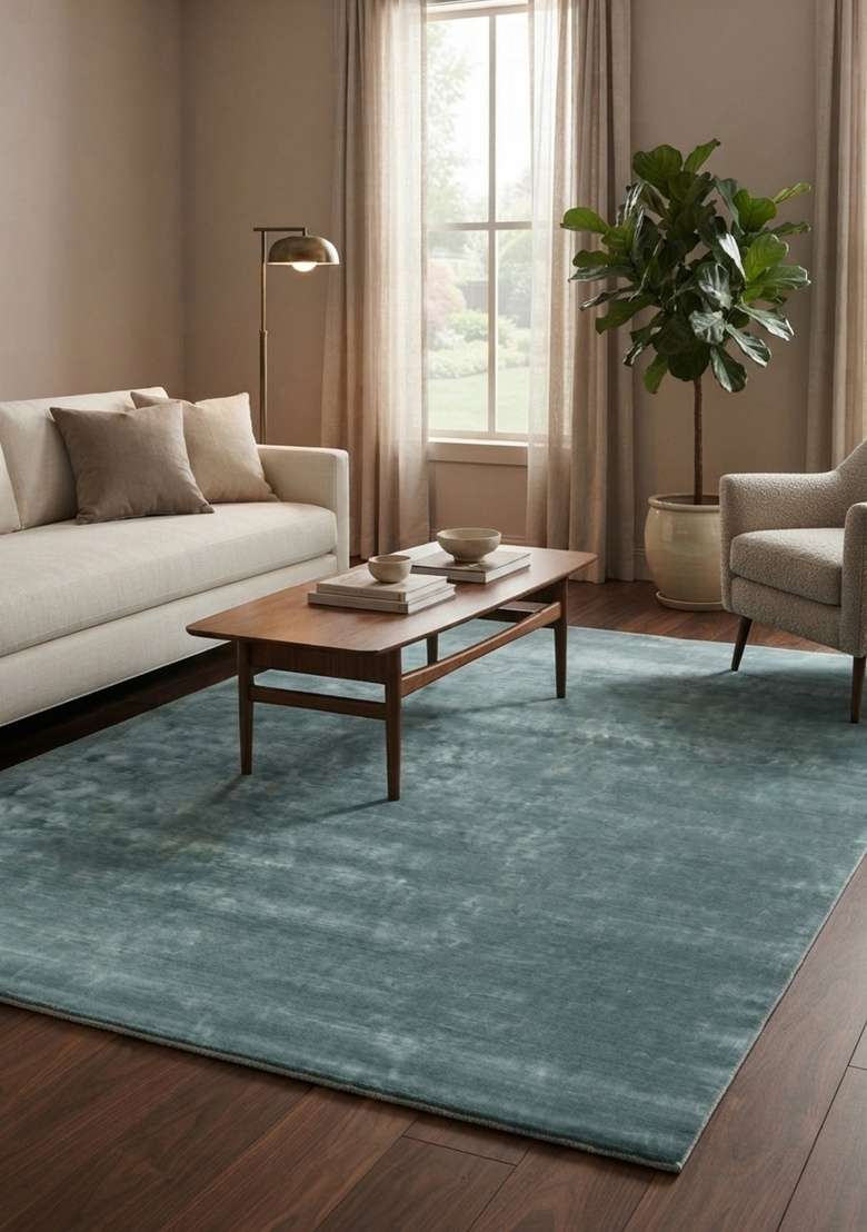 Saffron Rugs Dusty Teal Blue Hand Tufted Viscose Rectangular Rug - Indya
