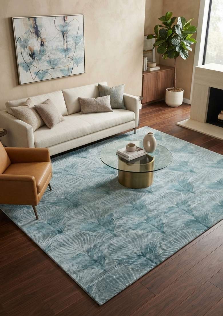 Saffron Rugs Hand-Tufted Light Teal Blue Viscose Rectangular Rug - Indya