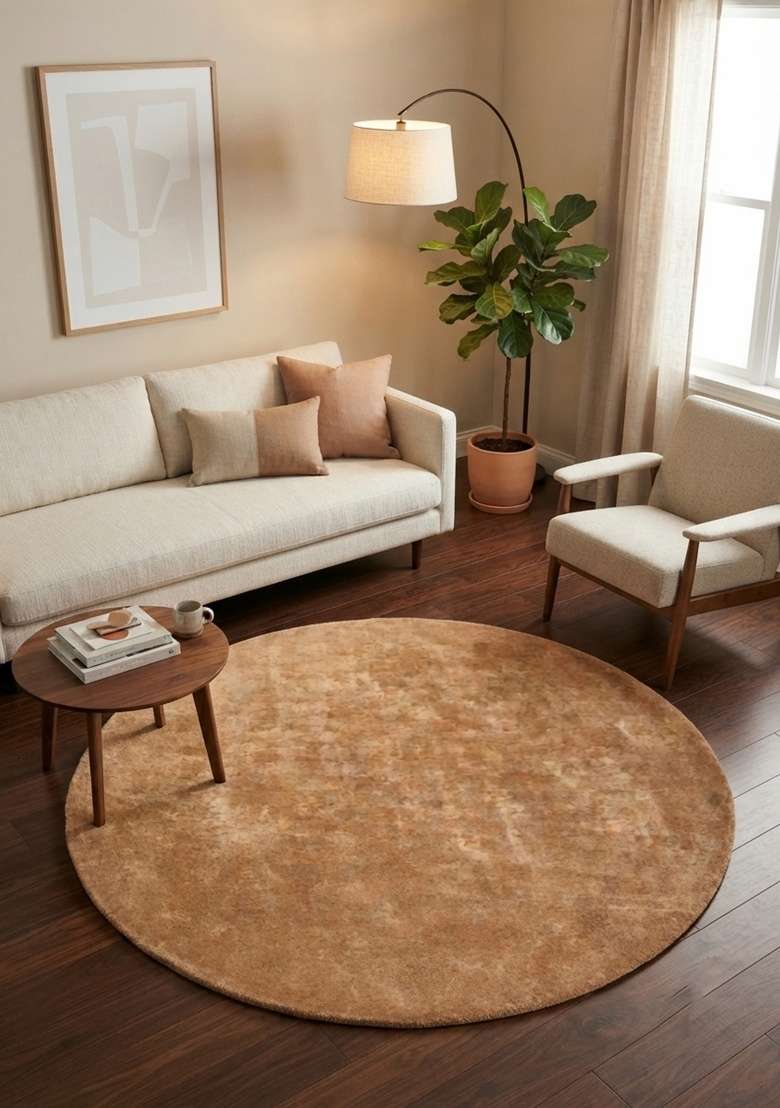 Saffron Rugs Hand-Tufted Golden Tan Viscose Round Rug - Indya