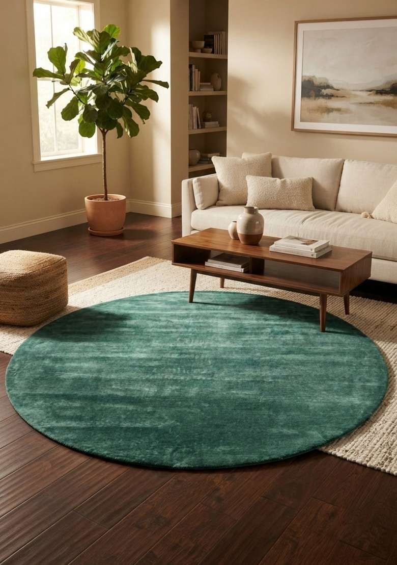 Saffron Rugs Hand-Tufted Teal Green Viscose Round Rug - Indya
