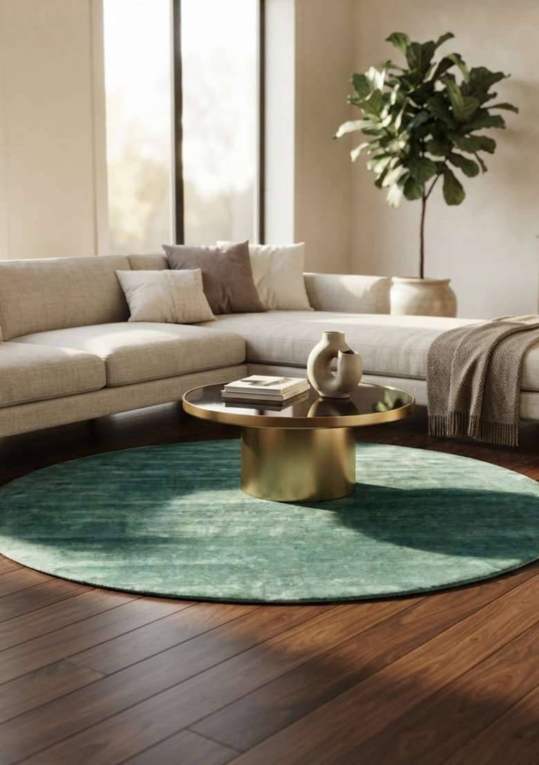 Saffron Rugs Teal Green Hand Tufted Viscose Round Rug - Indya