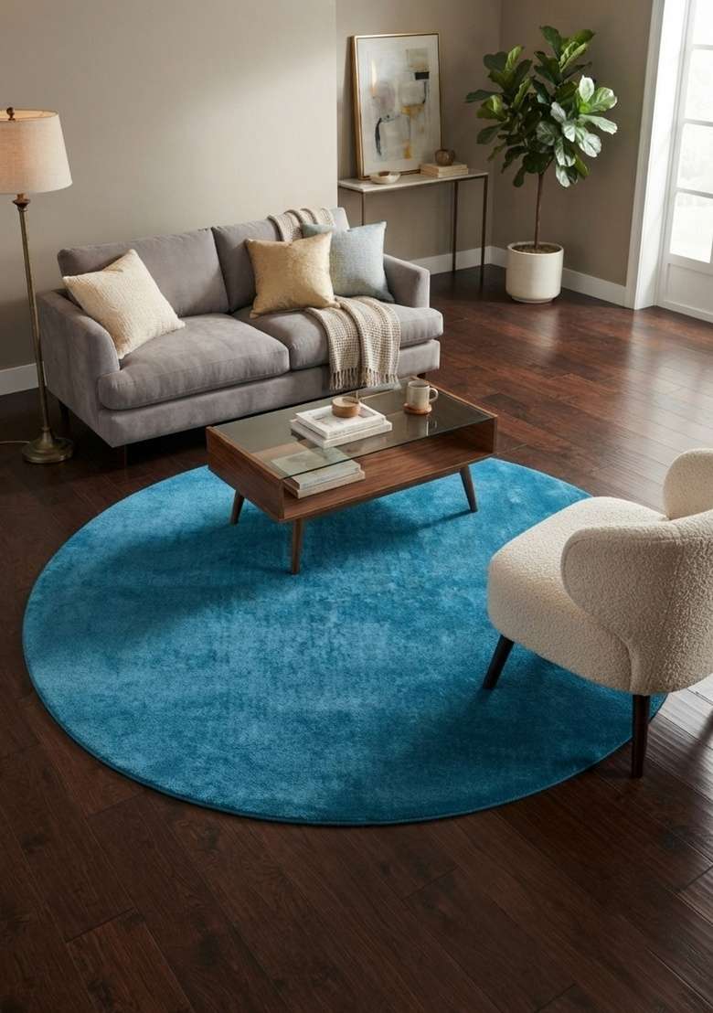 Saffron Rugs Teal Blue Hand Tufted Viscose Round Rug - Indya