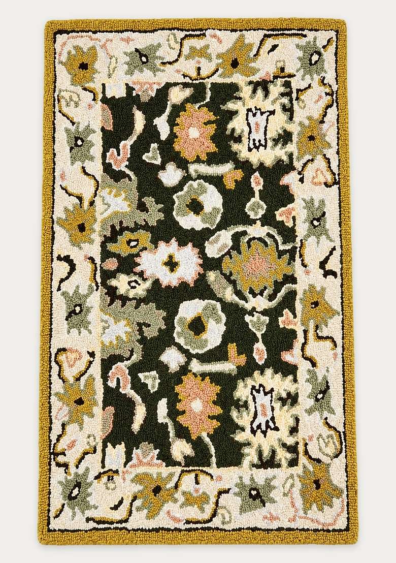 100% Wool Handmade Forest Green Ivory And Mustard Rug | Oriental Floral Carpet For Living Room - Indya