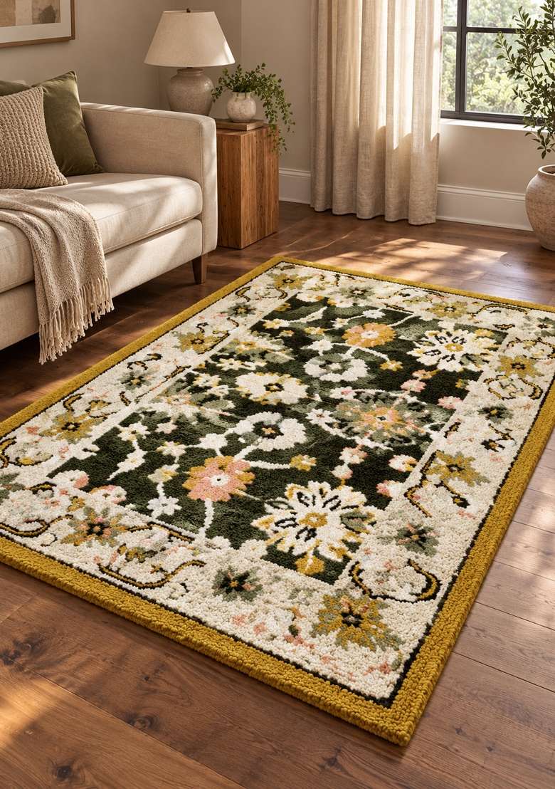 100% Wool Handmade Forest Green Ivory And Mustard Rug | Oriental Floral Carpet For Living Room - Indya