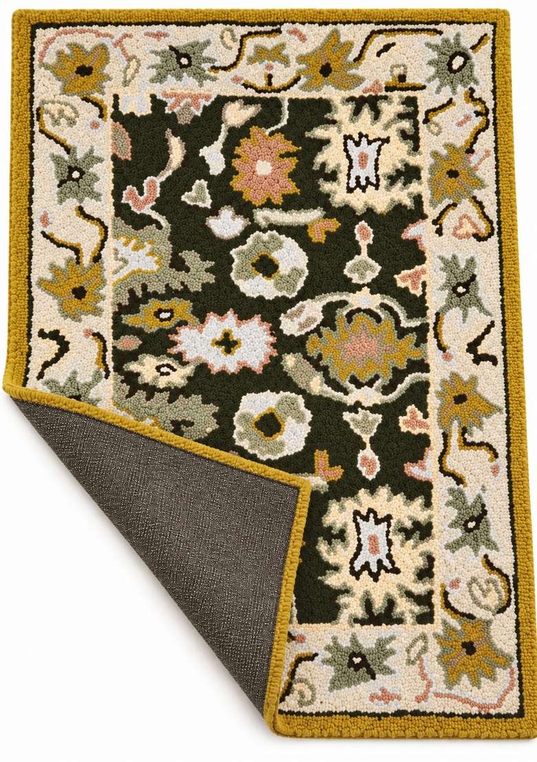 100% Wool Handmade Forest Green Ivory And Mustard Rug | Oriental Floral Carpet For Living Room - Indya