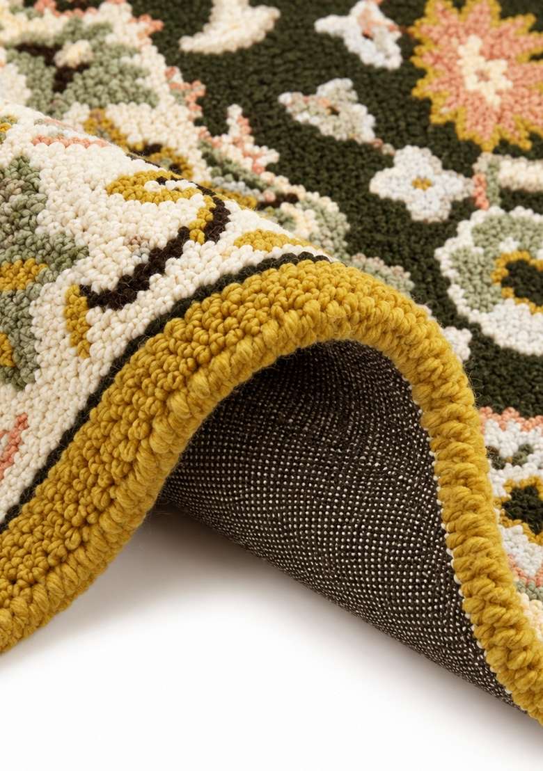 100% Wool Handmade Forest Green Ivory And Mustard Rug | Oriental Floral Carpet For Living Room - Indya