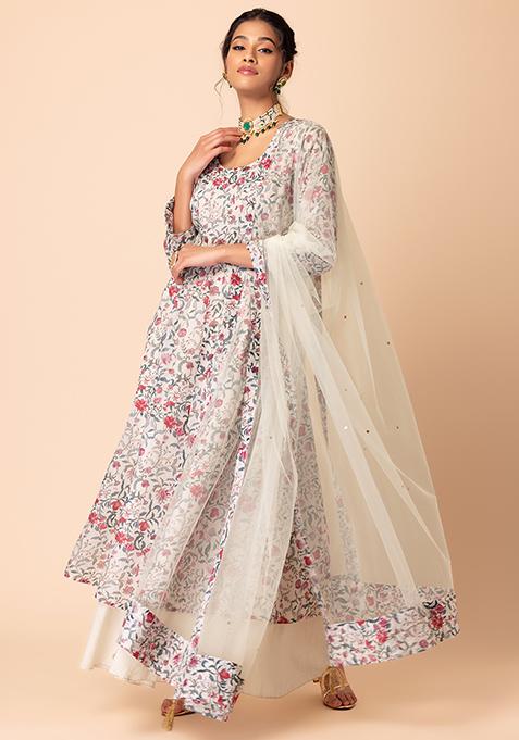 Red Floral Foil Printed Anarkali Kurta with Tights and Dupatta Set main image 0