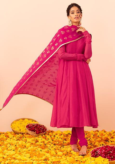 Hot Pink Embroidered Anarkali Kurta With Churidar And Dupatta (Set of 3)