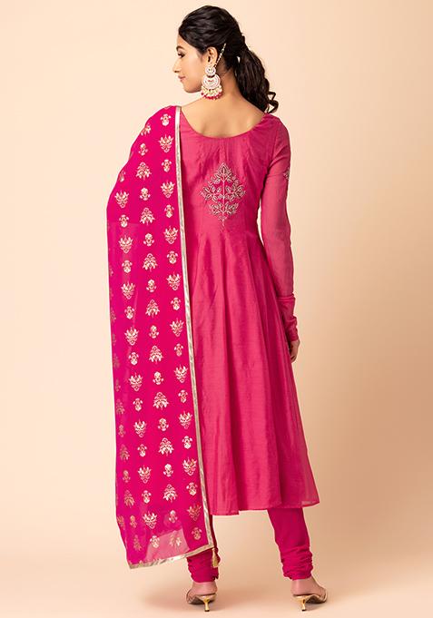 Women's Pink Chinon Embroidered Anarkali Kurta With Dupatta