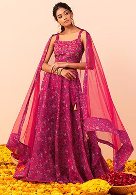 Pink Floral Print Lehenga With Embroidered Blouse And Dupatta (Set of 3)