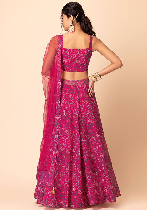 Buy Women Pink Floral Print Lehenga With Embroidered Blouse And Dupatta 