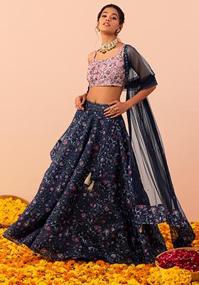Navy Blue Floral Print Lehenga With Embroidered Blouse And Dupatta (Set of 3)