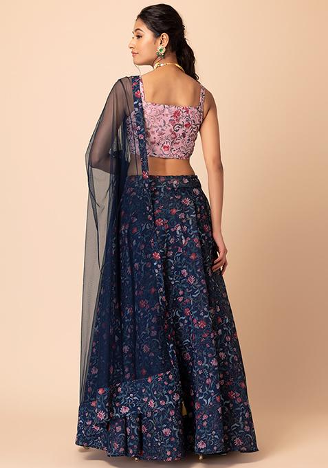 Buy Women Navy Blue Floral Print Lehenga With Embroidered Blouse And ...