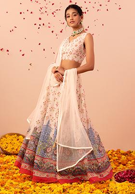 White Floral Print Lehenga With Blouse And Dupatta (Set of 3)