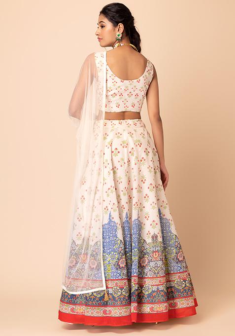 Off White Woven Lehenga with Blouse and Dupatta