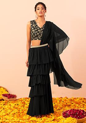 Black Ruffled Pre-Stitched Saree With Printed Blouse And Belt (Set of 3)