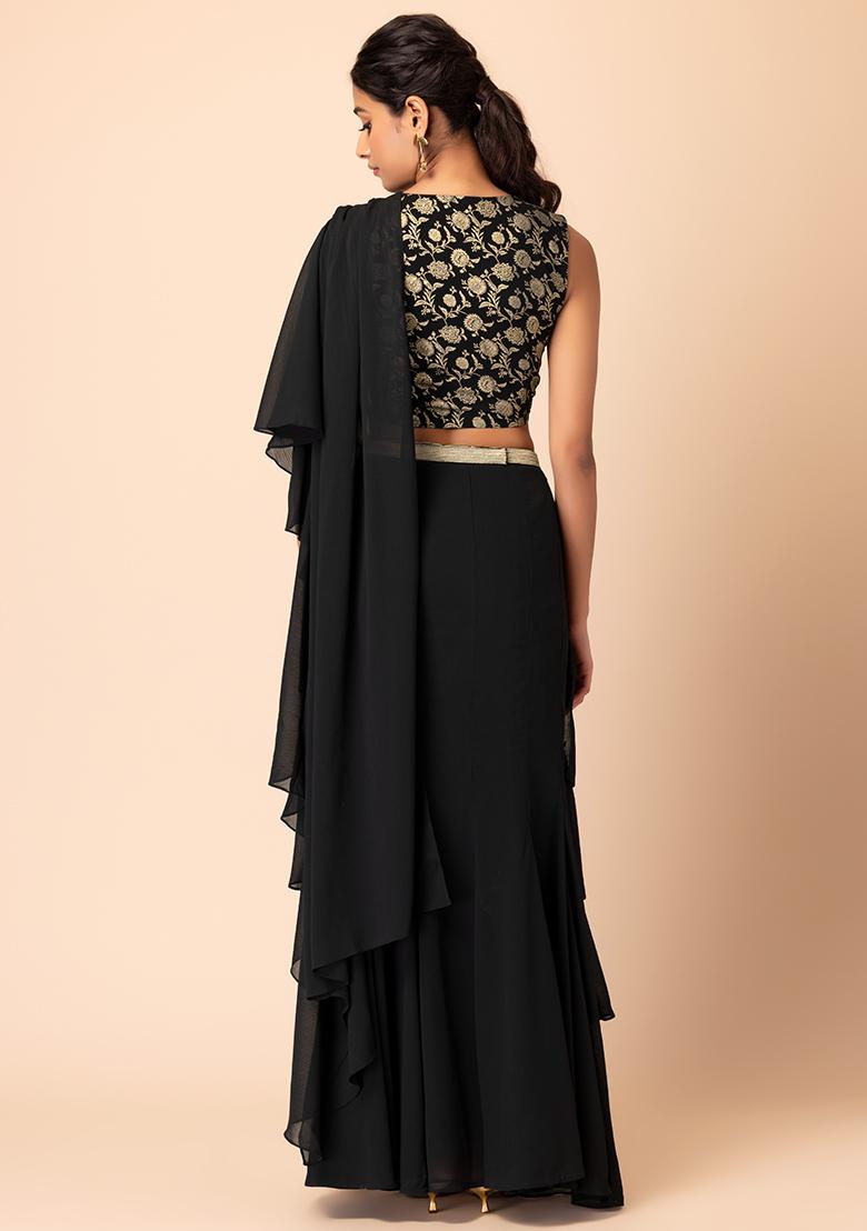Buy Women Black Ruffled Pre-Stitched Saree With Printed Blouse And Belt  (Set Of 3) - Ruffle Sarees - Indya