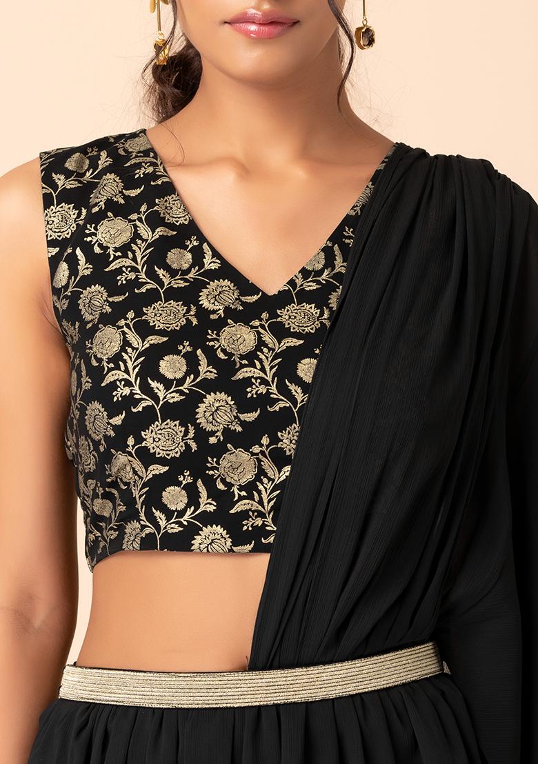 Buy Women Black Ruffled Pre-Stitched Saree With Printed Blouse And Belt  (Set Of 3) - Ruffle Sarees - Indya