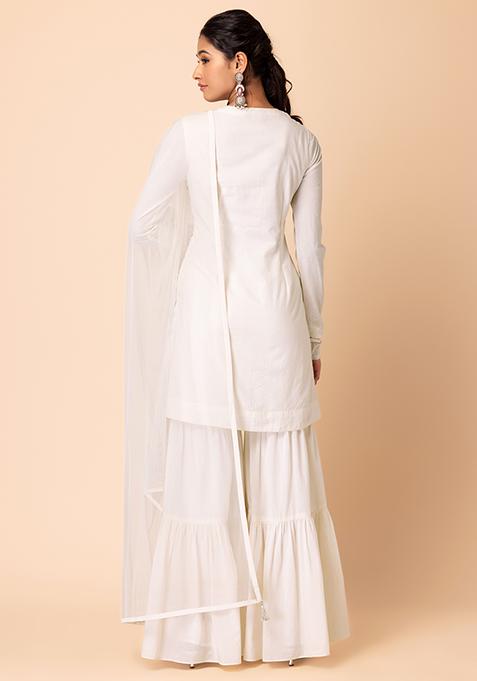 Women Off-White & Black Pure Cotton Embroidered Short Kurta Sharara & Dupatta Set
