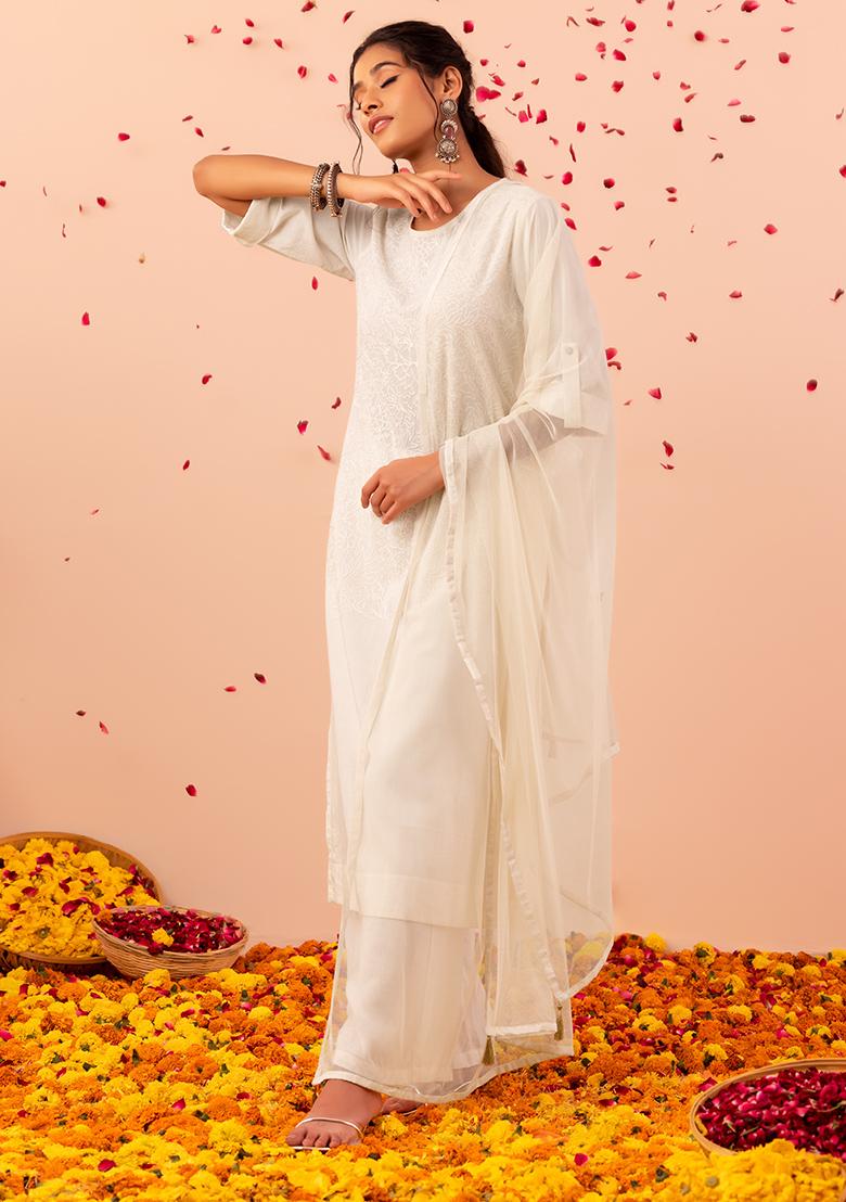 Off White Embroidered Cotton Blend A-Line Kurta Sets With Dupatta