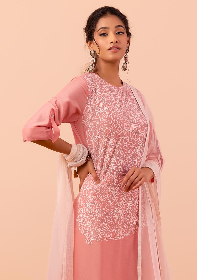 Peach Embroidered Kurta With Contrast Pants And Dupatta (Set of 3)