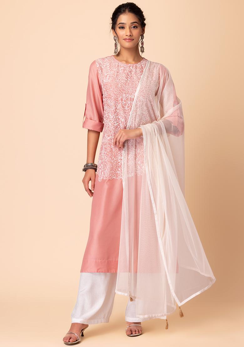 Peach Embroidered Kurta With Contrast Pants And Dupatta (Set of 3)
