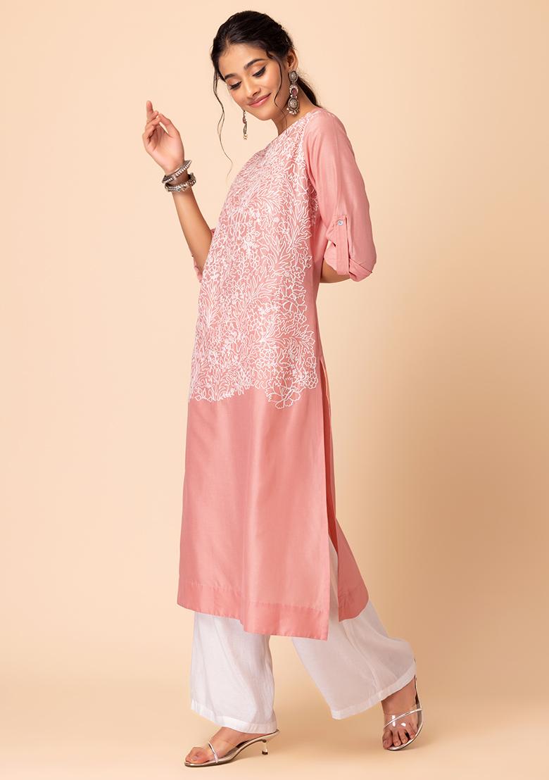 Peach Embroidered Kurta With Contrast Pants And Dupatta (Set of 3)