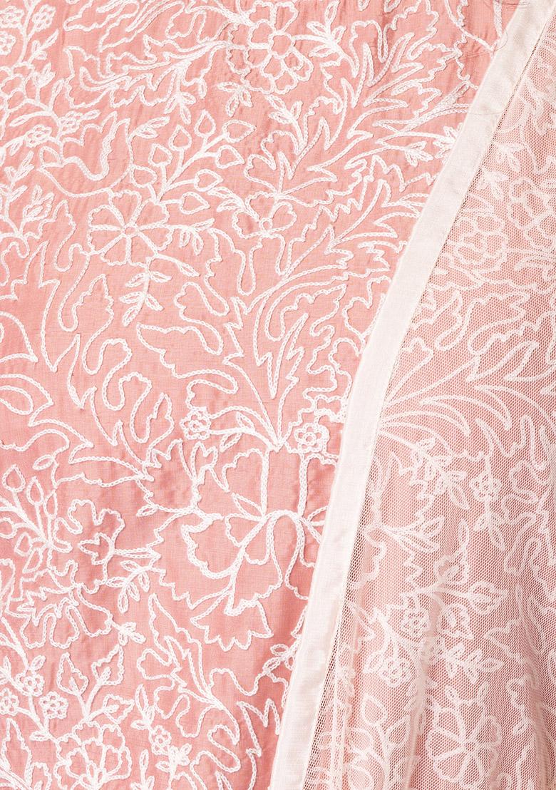 Peach Embroidered Kurta With Contrast Pants And Dupatta (Set of 3)