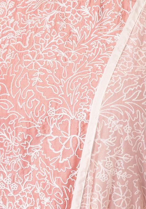 Peach Embroidered Kurta With Contrast Pants And Dupatta (Set of 3)