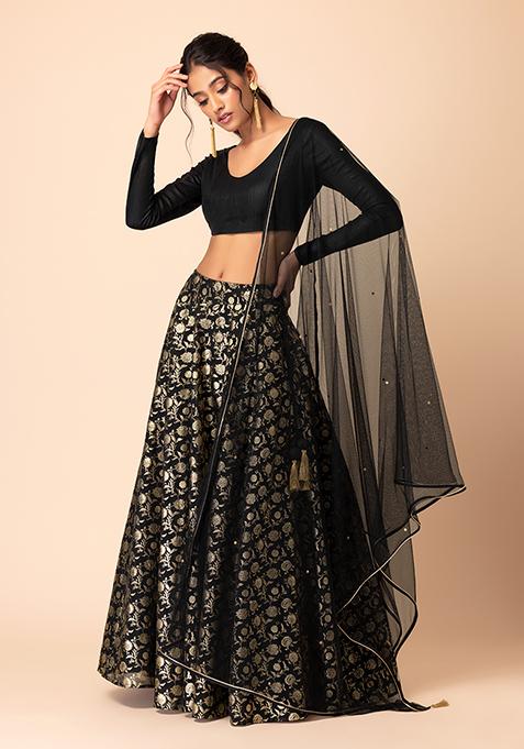 Black Muslin Floral Sequin work with attached Dupatta Flared Gown