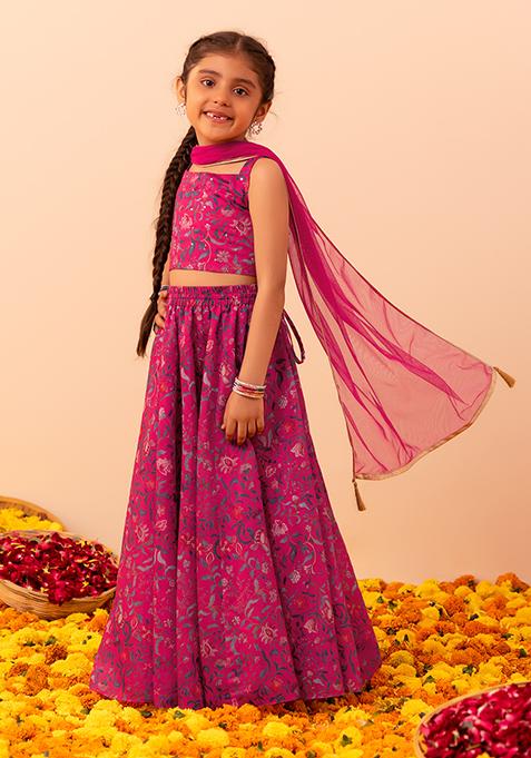 Pink Floral Print Lehenga With Blouse And Dupatta (Set of 3)