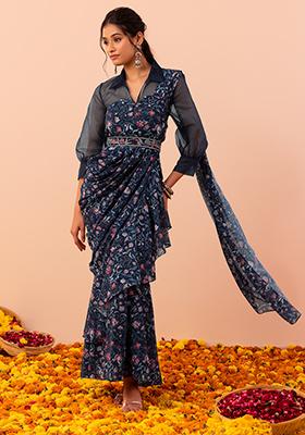 Navy Blue Floral Print Pre-Stitched Saree And Belt (Set of 2)