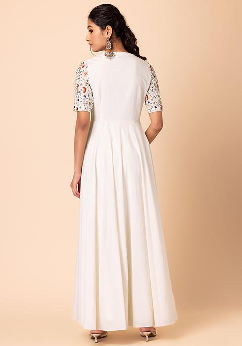 Off White Embroidered Floral Printed Rayon Straight Kurta with Salwar and Dupatta Set