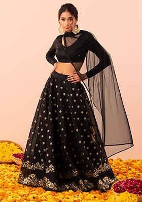 Black Foil Print Lehenga Skirt