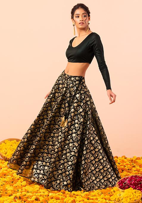 Black And Gold Foil Print Lehenga Skirt
