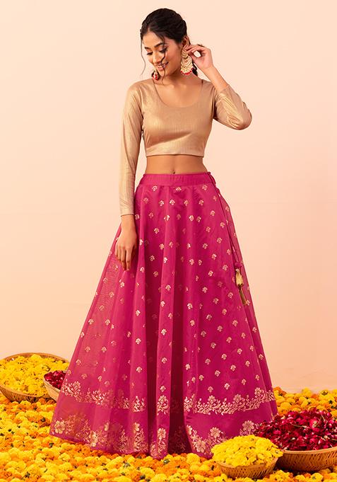 Buy Women Gold Textured Crop Top - HandPicked for NRI weddings - Indya