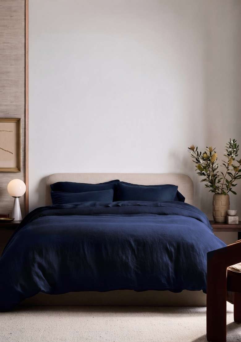 Navy European Linen Duvet Cover Set - Indya