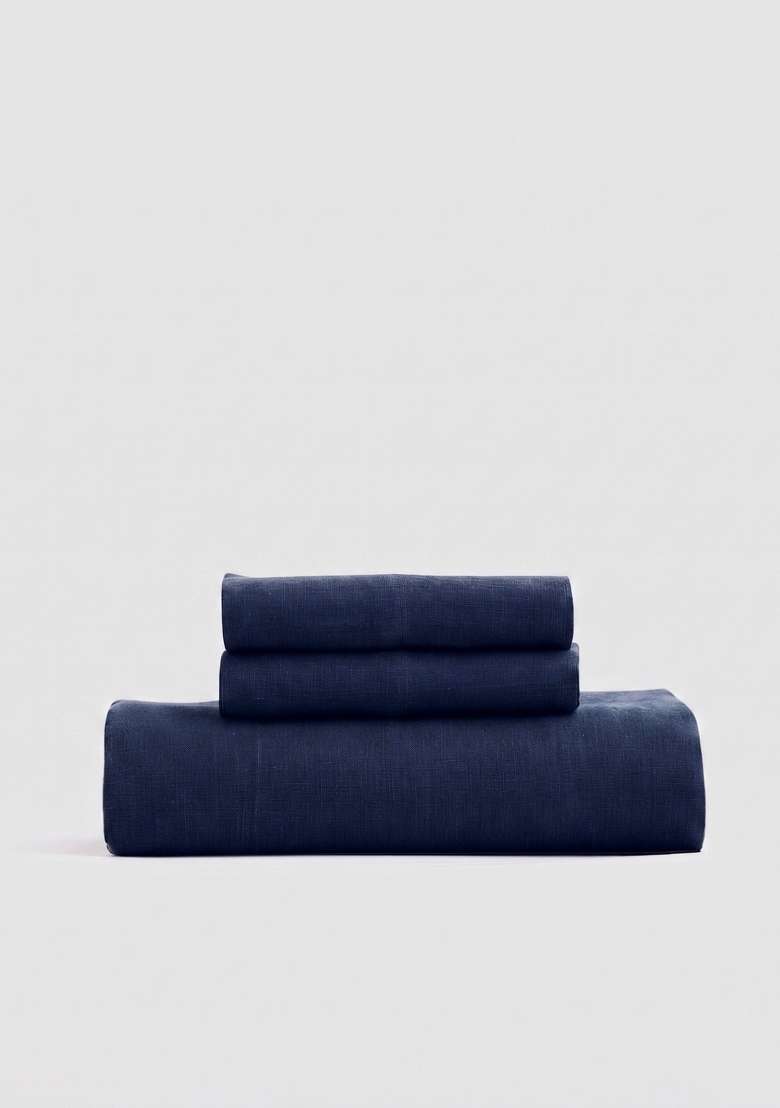 Navy European Linen Fitted Sheet Set - Indya