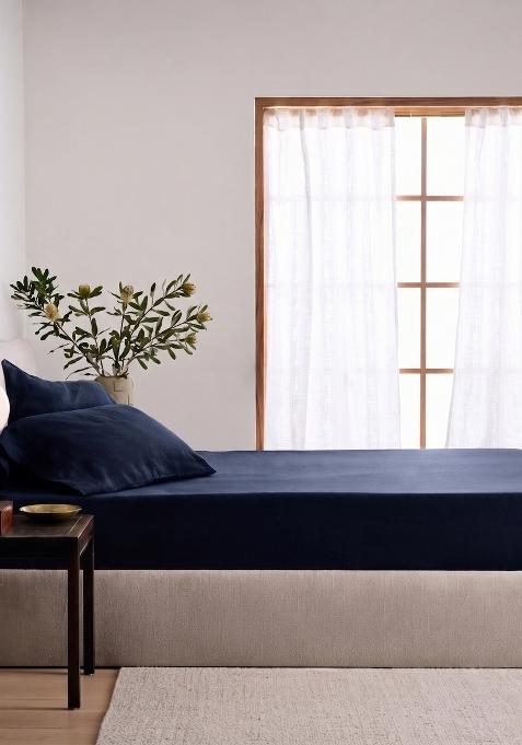 Navy 100% Linen European Linen Fitted Sheet Set