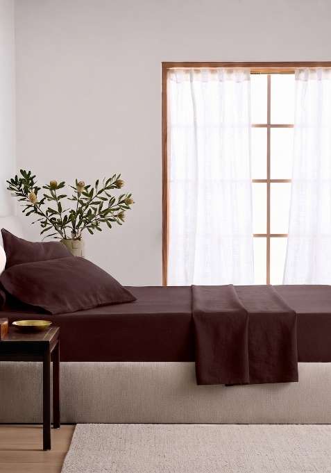 Coffee 100% Linen European Linen Fitted Sheet Set