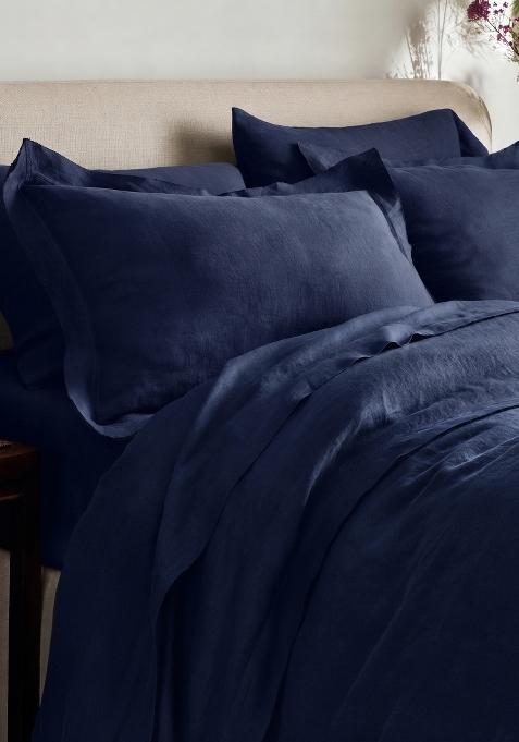 Navy 100% Linen European Linen double flange sham set