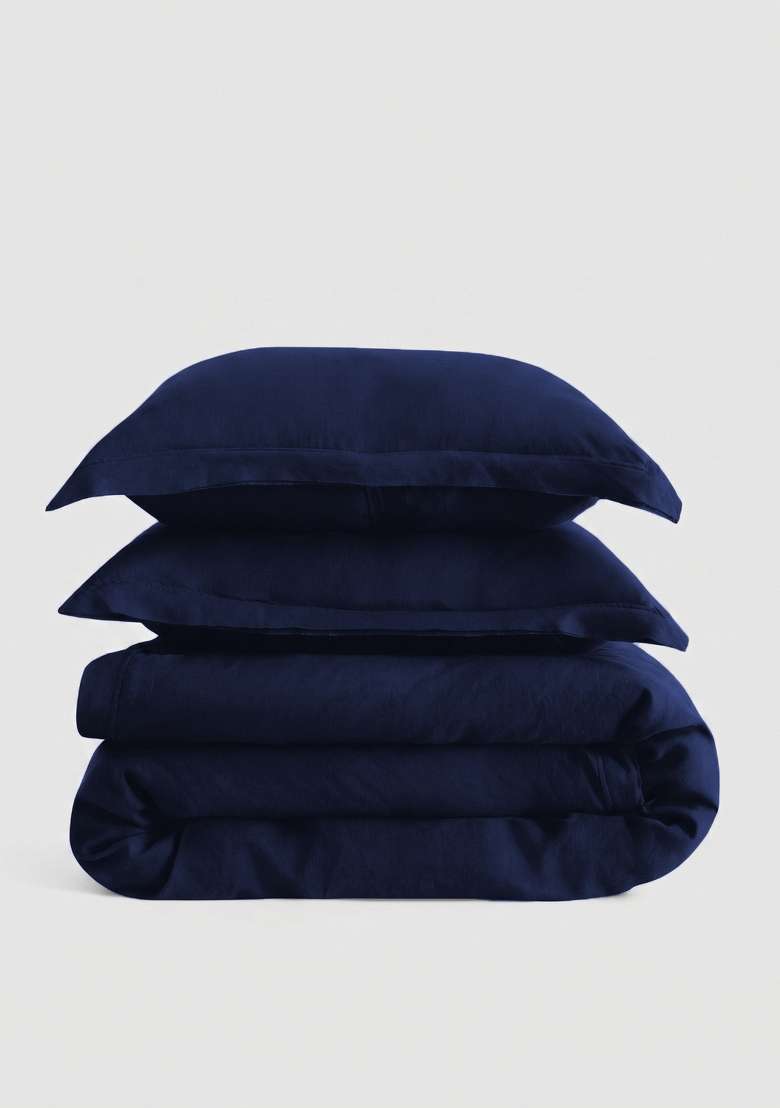 Navy European Linen double flange duvet cover set - Indya