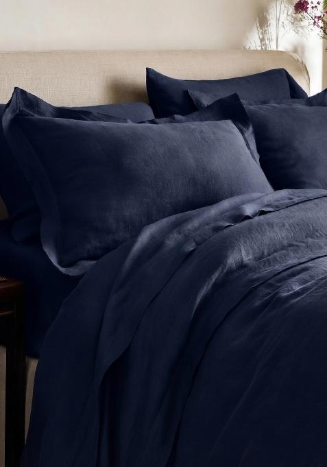 Navy 100% Linen European Linen double flange duvet cover set