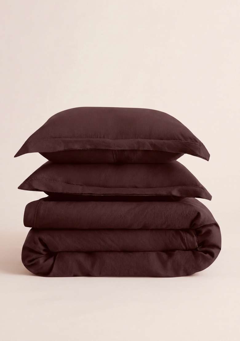 Coffee European Linen double flange duvet cover set - Indya