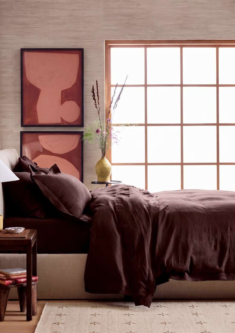 Coffee European Linen double flange duvet cover set - Indya