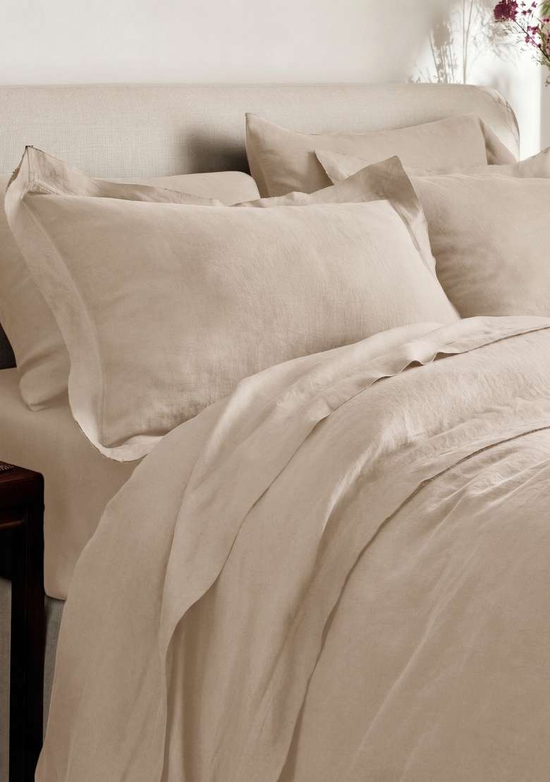 Tan European Linen double flange duvet cover set - Indya