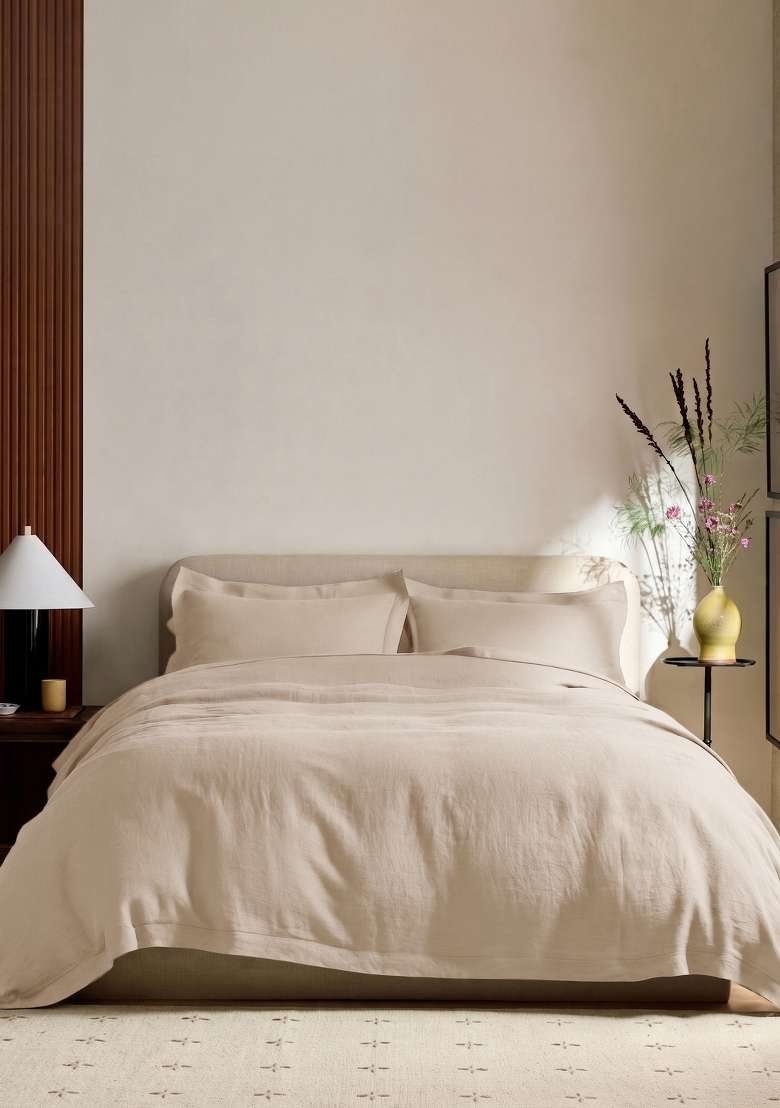 Tan European Linen double flange duvet cover set - Indya