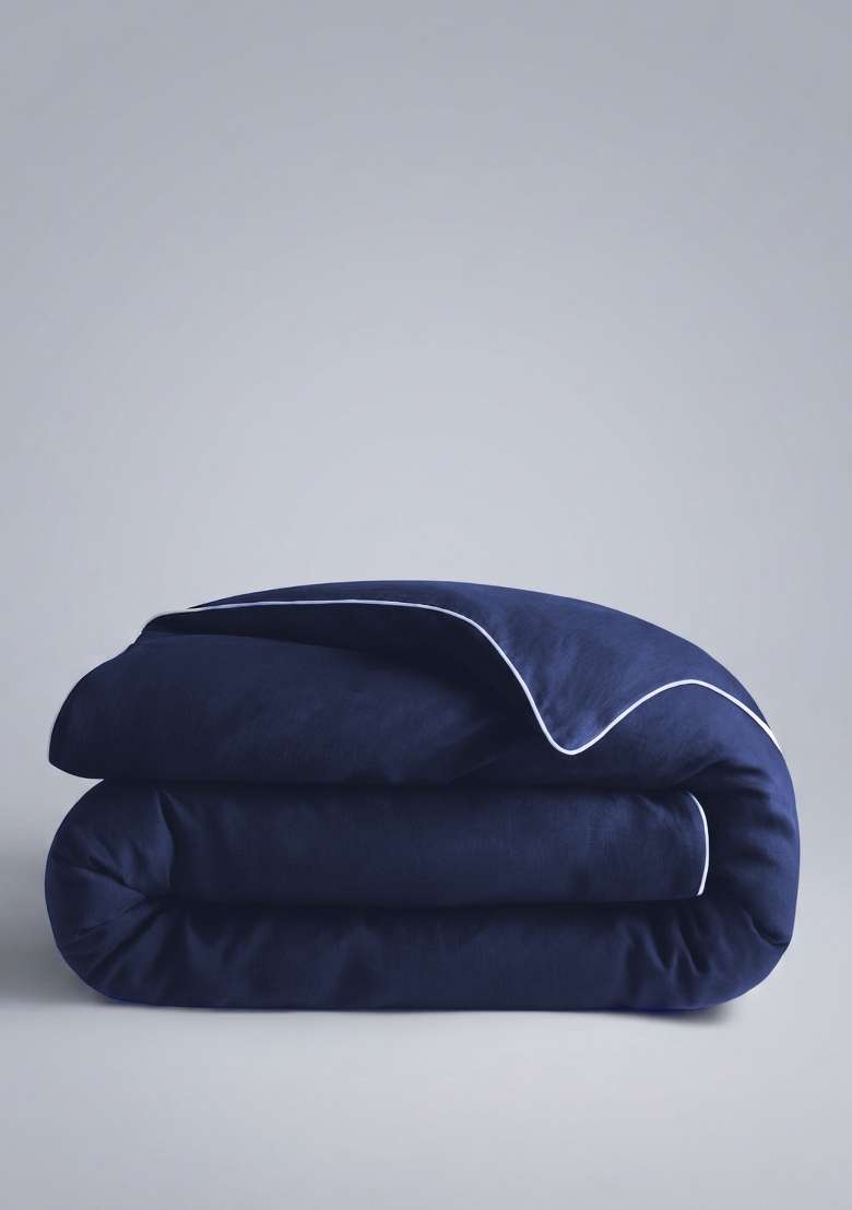 Navy European Linen Piped Duvet Cover - Indya